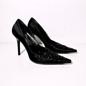 Casadei black satin silk beaded pointed toe heels size 39